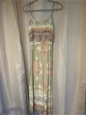 Sage Green Printed Maxi Dress with Spaghetti Straps Small